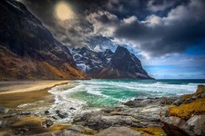 Landscape beach mountains sea island lofoten norway Custom Gaming Mat Desk
