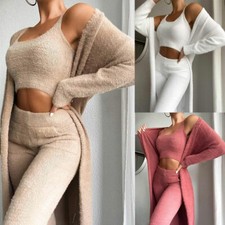 Women 3 Piece Tracksuits Fleece Pyjamas Teddy Lounge Set Cardigan Pants Top Coat