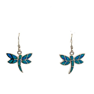 Sterling Silver Dragonfly Earrings With Created Opal (3/4 x 1 Inch)