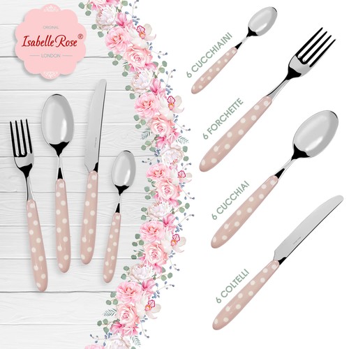Set Servizio Posate Isabelle Rose Shabby chic a pois acciaio inox vintage 6197 - Picture 2 of 4