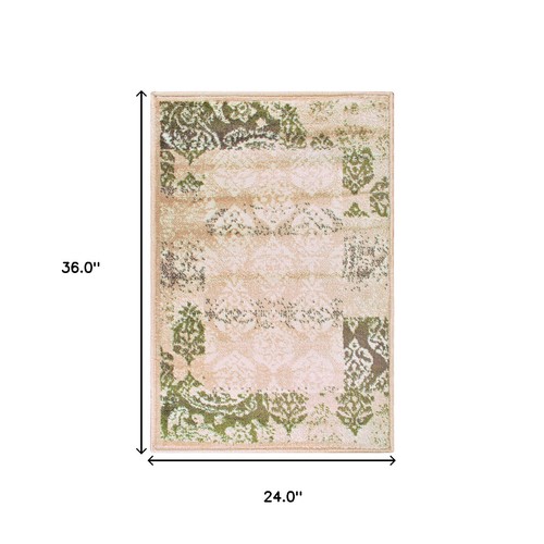 2' X 3' Beige Damask Power Loom Distressed Stain Resistant Area Rug - Picture 6 of 6