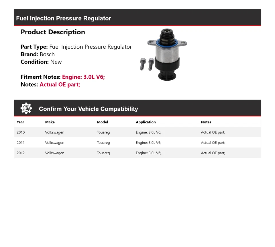 Regulador de presión de inyección de combustible Bosch para Volkswagen Touareg 2010-2012 3,0 L V6 Foto 2 de 4