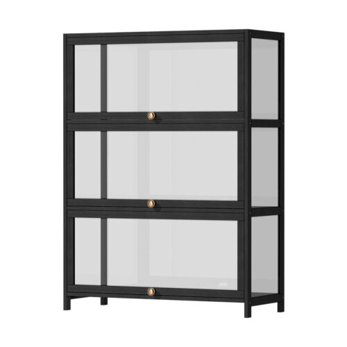 3 Tier Display Cabinet Shelves with Clear Doors Storage Shelving Furniture Black - Picture 2 of 8