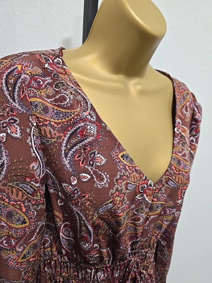 Y2K Dress Womens Medium Tiered Brown Paisley Long sleeve V-Neck Fit Flare Bebop - Image 2 of 4