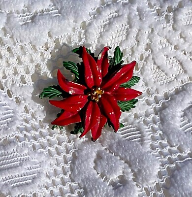 Vintage Roma FAIRDEAL Christmas Flower Brooch Green and Red Enamel Signed Brooch