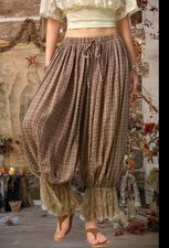 Free People Brown Plaid Boho Victorian Bohemian Bloomer Dress Lace Pants L READ!
