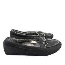 Vionic Orthotic Slipper Moccasins Ida Black Suede Bow Detail Faux Fur Sz 9.5
