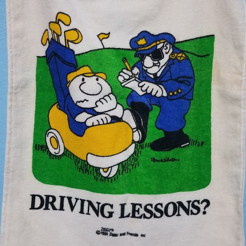 Vintage Ziggy® by Tom Wilson Grommet Golf Towel "Driving Lessons?" Funny Gift