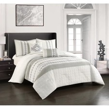 Fabiola White/Gray Microfiber 5 Piece Comforter Set