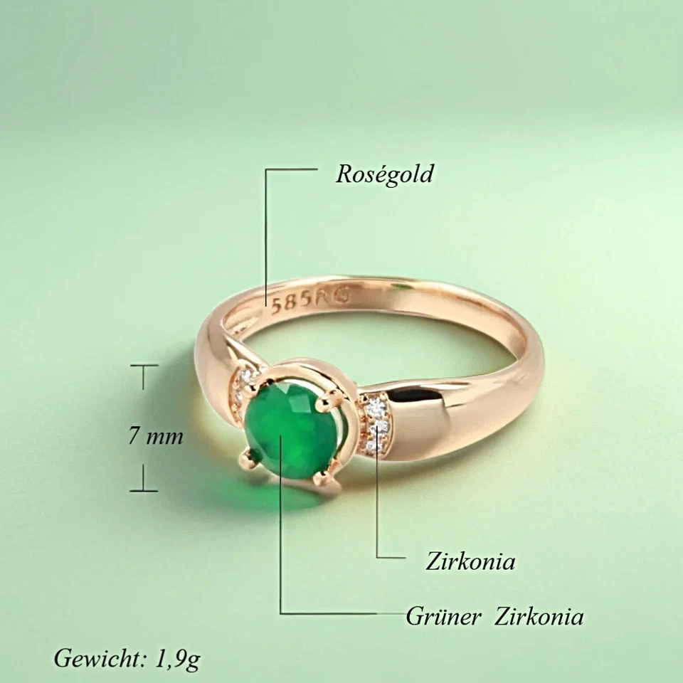 Ring Vergoldet Rosegold Gold 585 mit grünen und weißen Zirkonia - Bild 2 von 4