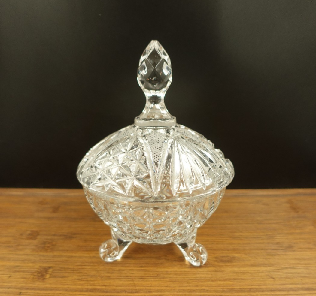Vintage Lead Crystal Footed Candy Dish with Lid Featuring Etched Star Floral Design