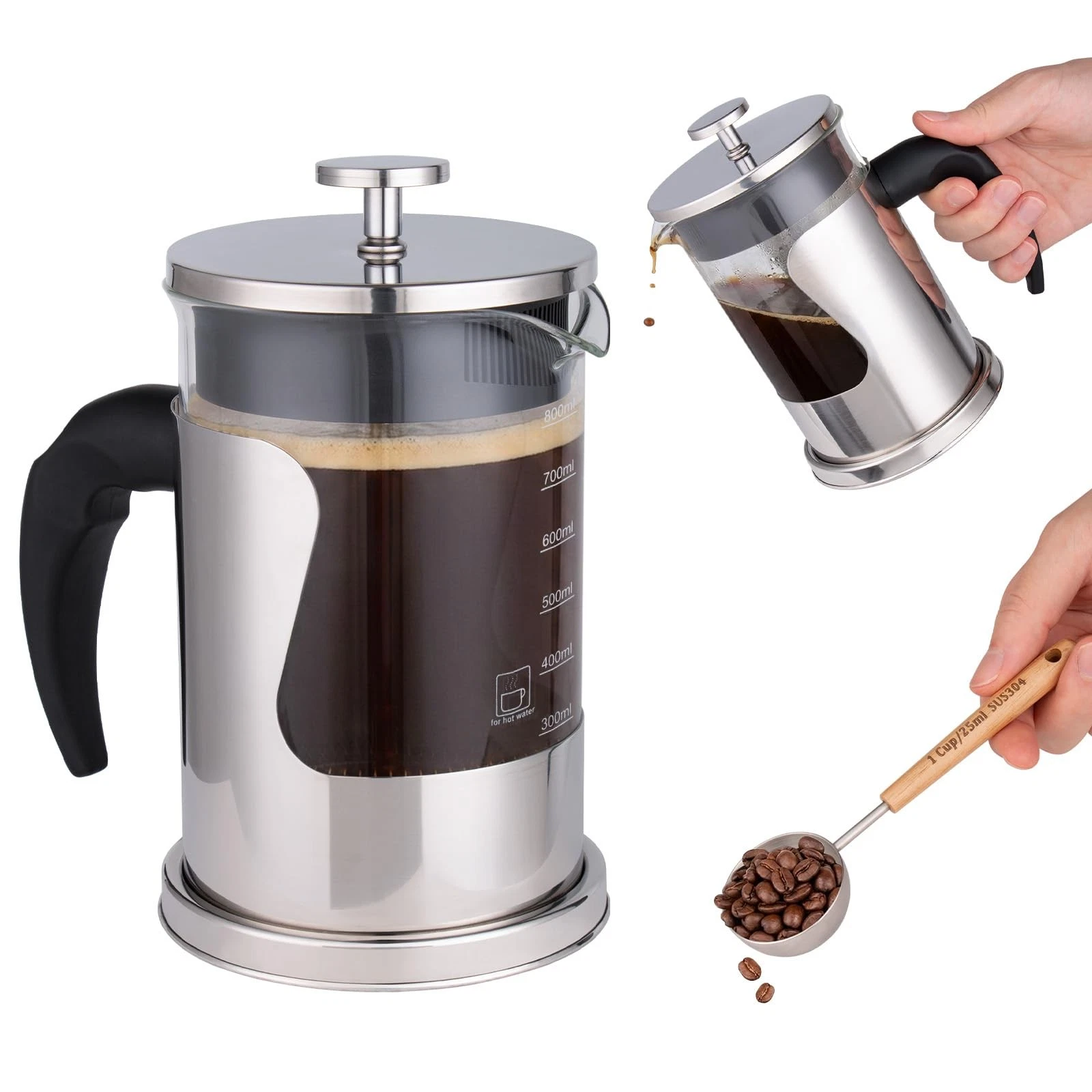 27oz French Press Coffee Maker, 304 Stainless Steel & Borosilicate Glass Coff...