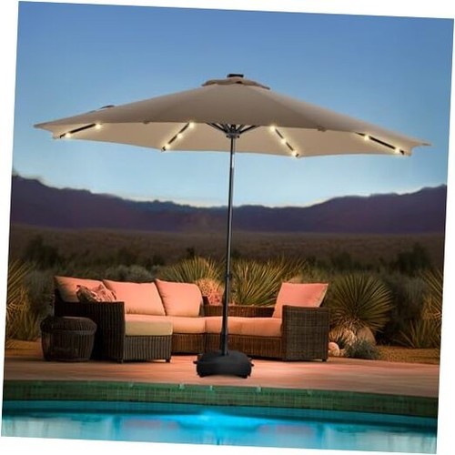11FT Solar Led Patio Umbrella with Base, Sturdy Outdoor Market Umbrella for