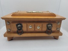 Vintage Wooden Watch Jewelery Box Ornate Lion Head Bijou Mid Century Felt Lined