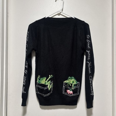 Vintage Cyn Les Frog Embroidered Acrylic Sweater 80s 90s Cottagecore Cute Knit