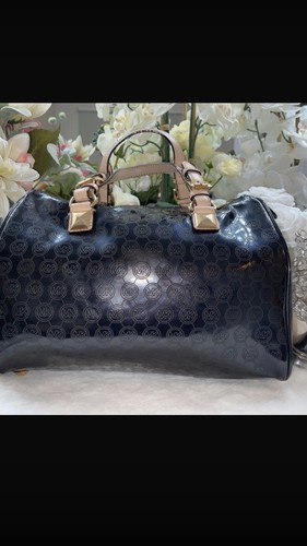 Michael Kors Black Beige Logo Satchel Zip Gold Hardware Charm Bottom Studs - Picture 6 of 15