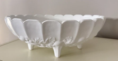 Indiana Glass Fruit Bowl White Milk Glass Footed 12 Inch Oval Vintage
