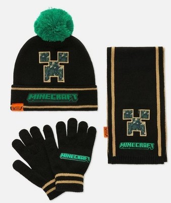 Minecraft Schal Bommelmütze Handschuhe Set schwarz grün rot blau Creepers Beanie