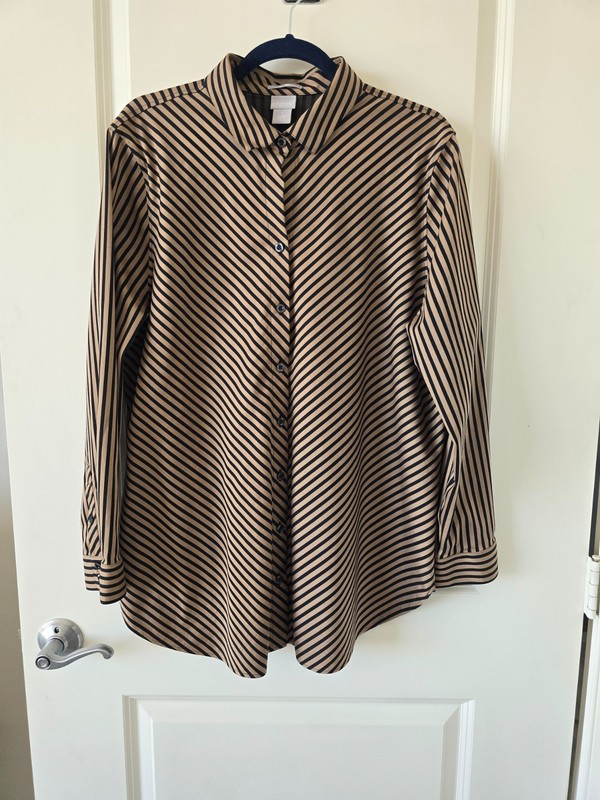 Women's Chico's Gold & Black Striped Design Long Sleeve Button Blouse Sz3