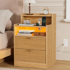 Fluted Nightstand with Charging Station, 29 Inch Tall Bedside Table