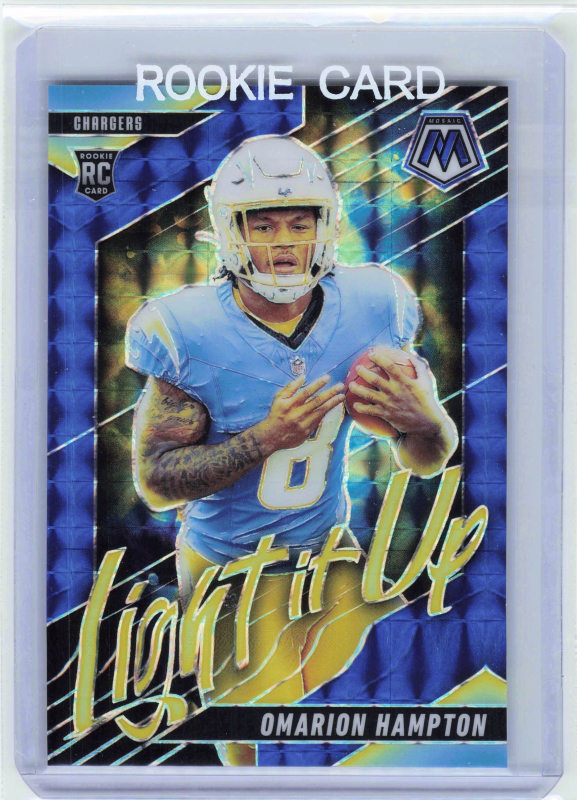 2025 Panini Mosaic #12 Omarion Hampton Light It Up Mosaic Blue #/99
