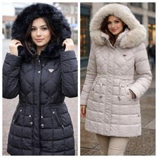 ex Branded Womens Midi Length Puffer Faux Fur Hooded Longline Coat UK 10 to 18
