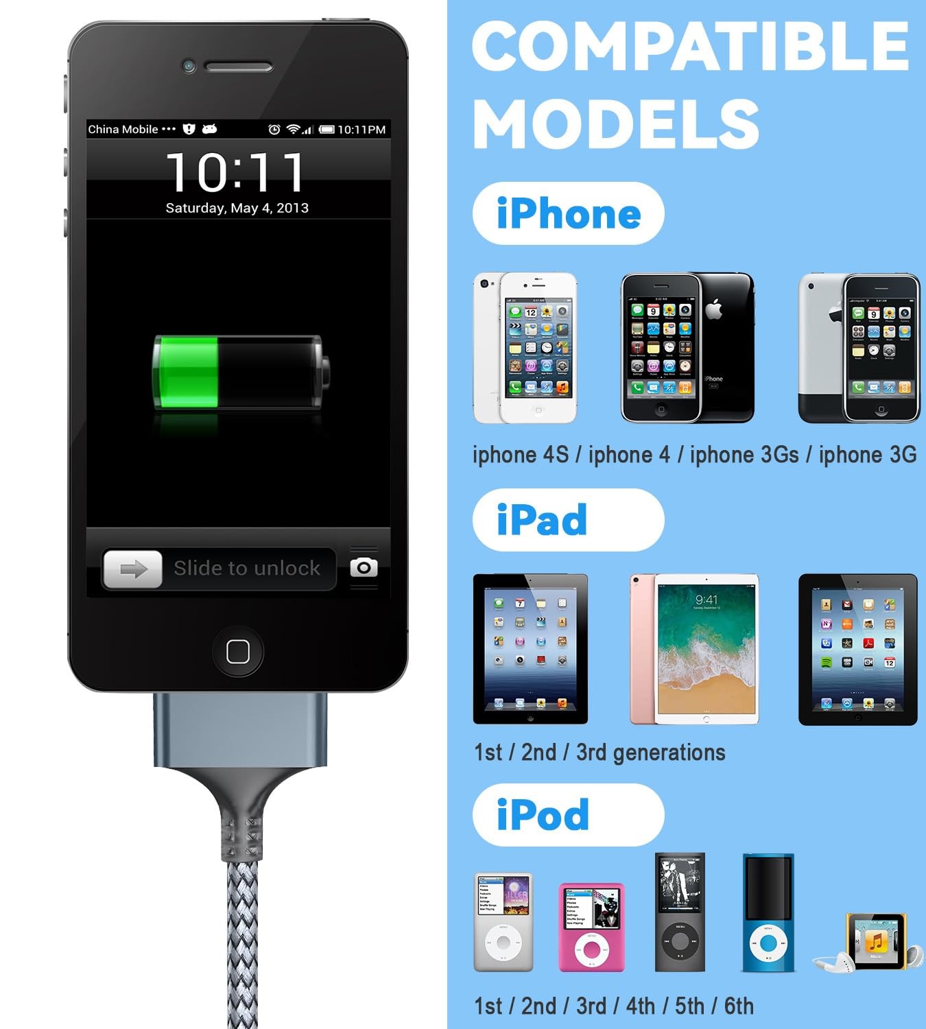 Herfair USB to 30 Pin Charger Cable Nylon Braided USB Charging Cord Compatible w