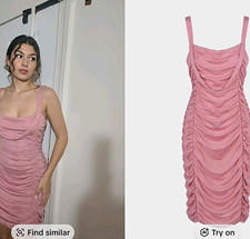 Women’s Pink Solid Ruched Stretch Scoop Neck Strappy Mini Bodycon Dress, M