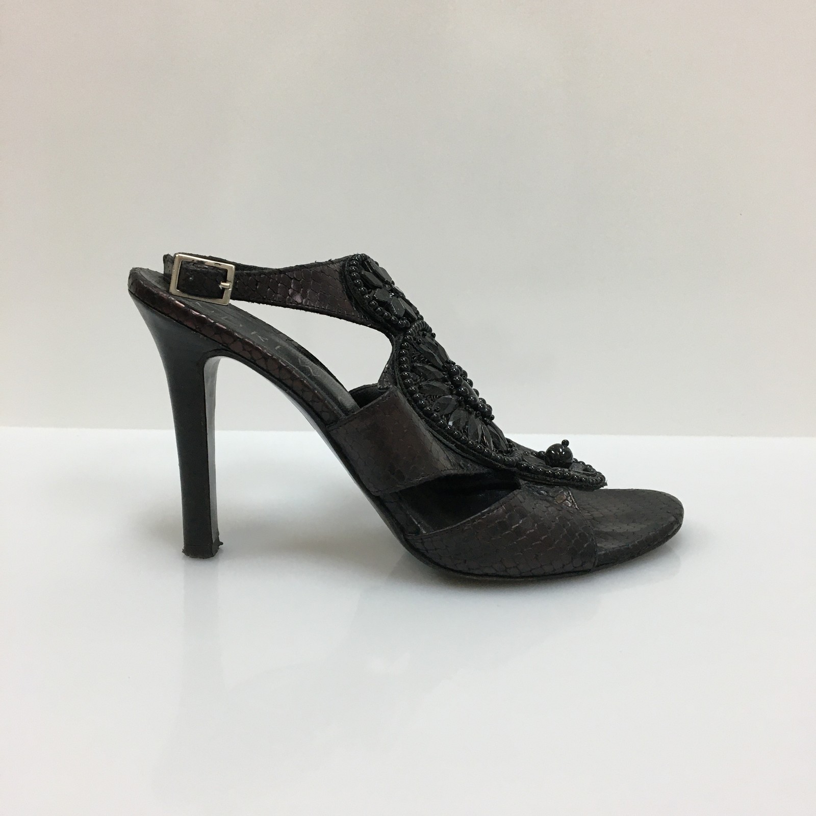 Andrew Gn Shoes Womens Size 37 Black Snakeskin Leather Heels Beaded Italy Dressy
