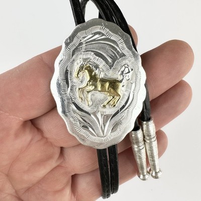Vintage Tooled Alpaca Silver Bucking Bronco Western Rodeo Bolo Tie