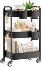 3 Tier Rolling Cart - Metal Utility Cart with Wheels, Hanging Cups, Hooks, He...