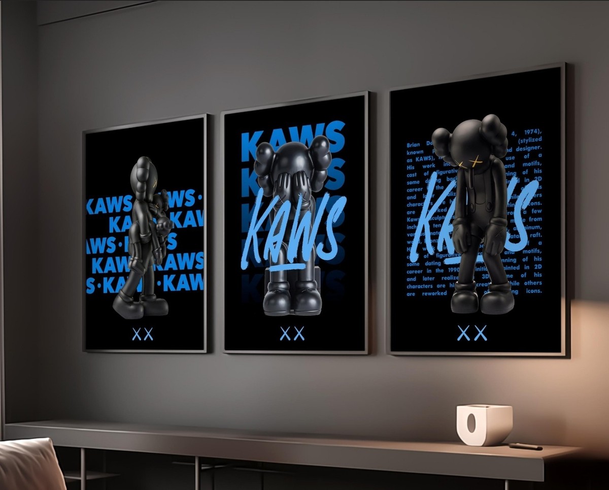 Set of 3 Black And Blue Kaws Art pieces canvas wall home