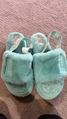 UGG Mint Green Fluff Slide Sandals Fur Upper Straps Women's US 7