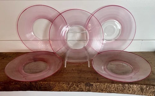 Steuben-Five (5) Art Deco Carder Era Colorless & Gold Ruby Threaded Plates #8317