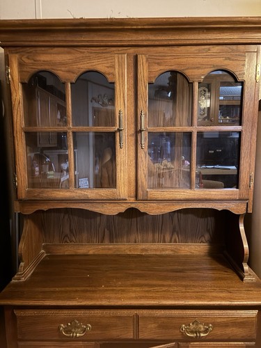 French Country Wood Hutch Cabinet, 2 Glass Doors, 2 Drawers, Brown