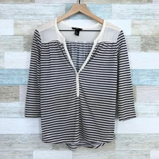 H&M Striped V Neck Popover Henley Knit Top Black Beige 3/4 Sleeve Womens XS
