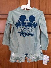 Boys Disney Mickey Mouse 2 Piece Long Sleeve Rash Guard Swim Shorts Size 18M