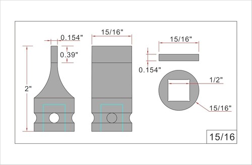 1/2" Drive Drag Link Socket, 15/16" Width x 0.154" T Tip, Cr-Mo Alloy Steel - Picture 2 of 5