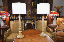 Pair Vintage Barovier Toso Italian Murano Glass Lamps Champagne Gold No Shades