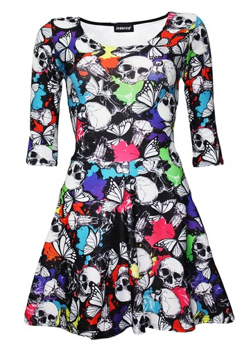 Débardeur Long Femme Imprimé Crânes – Style Goth Punk Emo – 95% Polyester – Neuf Avec étiquettes – Fabriqué Au Royaume-Uni