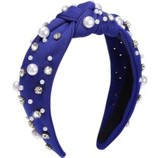 WantGor Pearl Knotted Headband, Women Rhinestone Embellished Hairband Blue