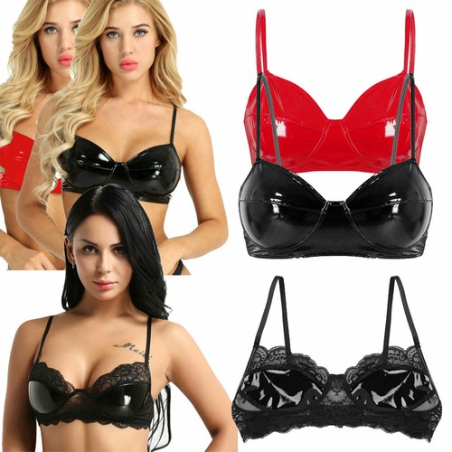 Womens Spaghetti Straps Leather Wire-free Unlined Bra Top Sexy Bustier Clubwear - Picture 4 of 48