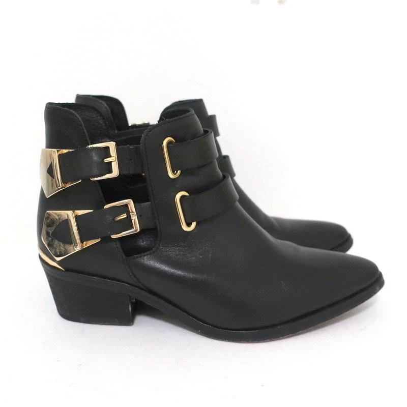 Sandro Double Buckle Ankle Boots Black Leather Size 37 Pointed Toe