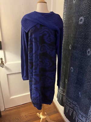 Neiman Marcus Cleopatra Black Purple Abstract Sweater Dress Italy Made S M L