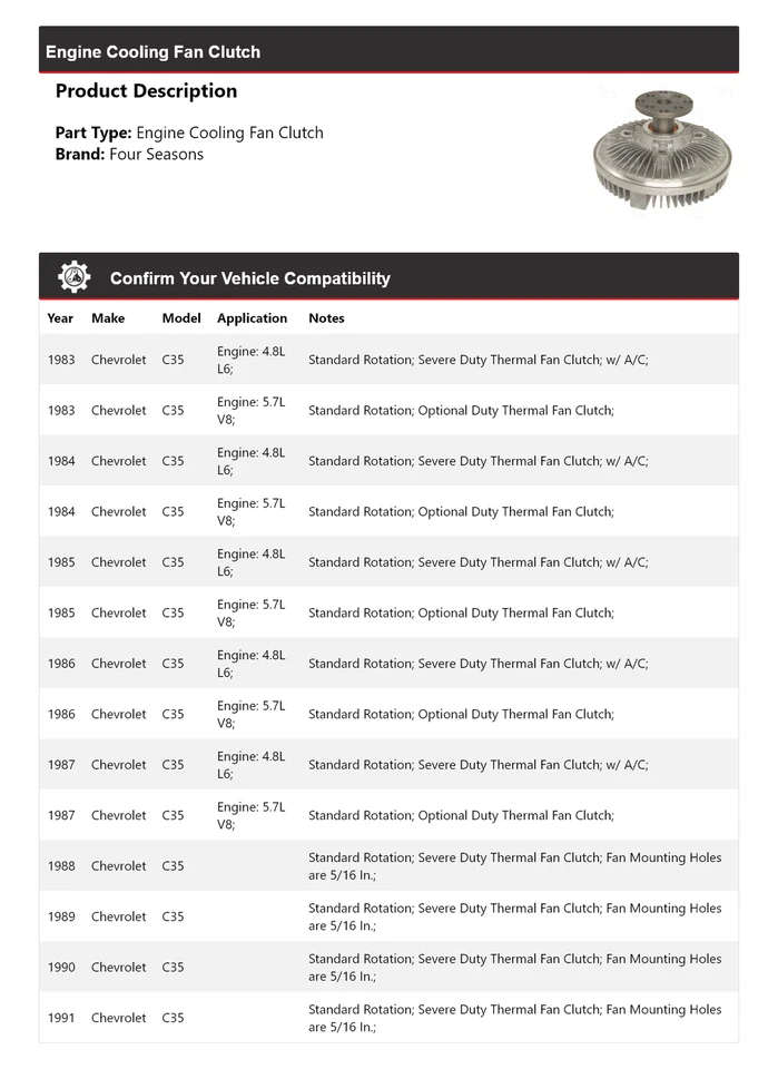Embrague ventilador refrigeración motor Chevrolet C35 1983-1991 4 estaciones 1984 1985 1986 Foto 2 de 4