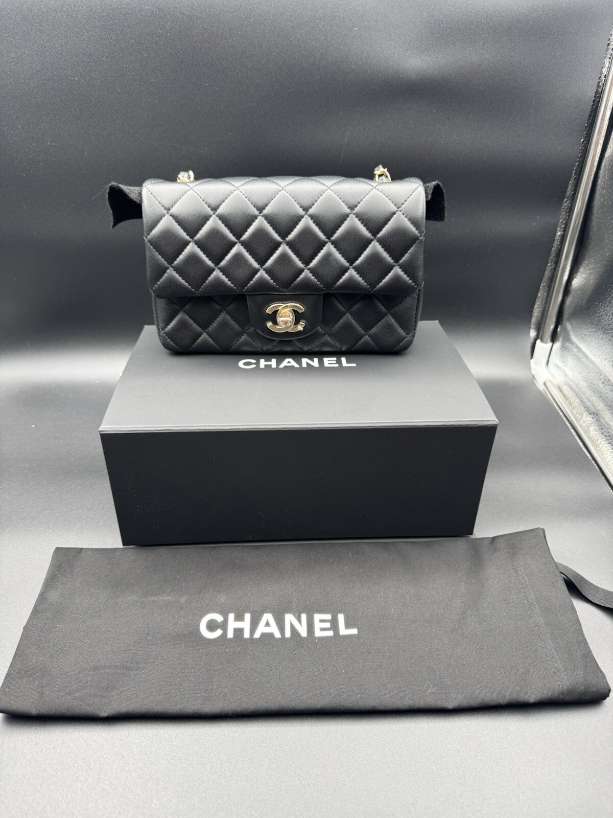 NEW Chanel Mini Rectangular Classic Flap Bag Black Lambskin w/Gold Hardware Auth