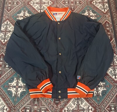Vintage 90s Russell Athletic Varsity Jacket Windbreaker Button Up Large Blue 