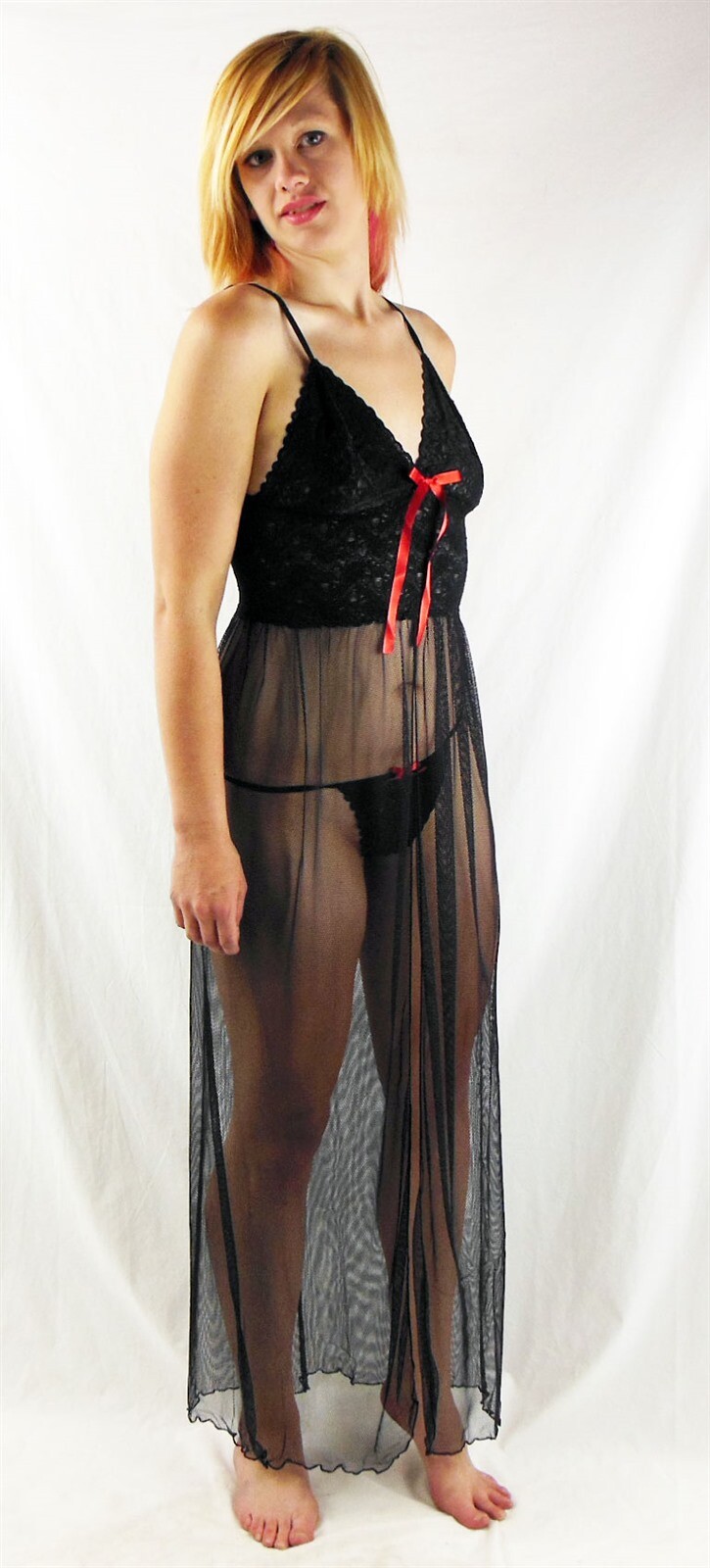 Espiral Long Gown with matching G string Style 772 - Large - Black/Red