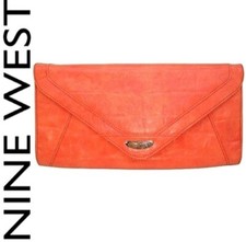 Nine West Leather Croco Embossed Coral Orange Clutch Designer Fashion 