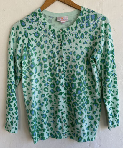 Quacker Factory Cardigan Sweater Size XS Green Animal Print Rhinestones Bling - Afbeelding 1 van 8